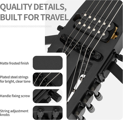 Anygig Reis-elektrische gitaar, ultralicht headless-design met 64 cm palissander-toets, compacte solidbody-oefengitaar met afneembare arm- en beensteunen, zwart