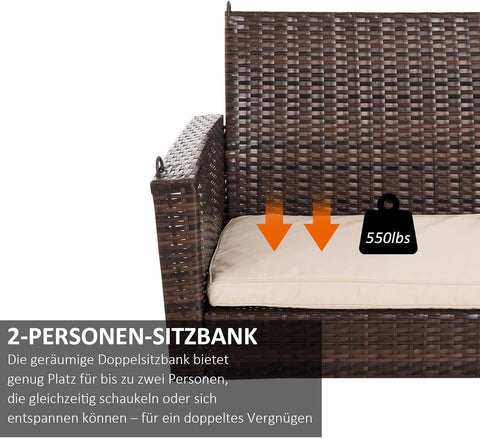 Hangstoel - Schommelbank - Hangbank - 2-zits - Rotan Tuinschommel - Hangende Schommel - Veranda Tuinbank - met Zitkussen - voor Buiten - Tuin - 127 x 57.5 x 60 cm - Bruin