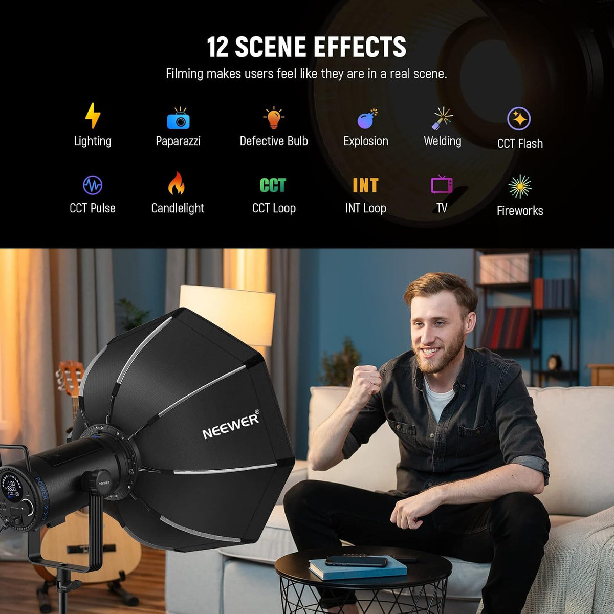 NEEWER CB200B 210 W COB videolicht met 2,4 G/app-afstandsbediening, tweekleurige led-continue verlichting, Bowens Light Photo Studio Mount
