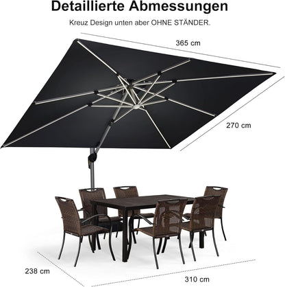 Purple Leaf Parasol met led-verlichting, rechthoekig, 270 x 365 cm, zonnescherm, marktparasol, tuinparasol met zwengel, terrasparasol met zwengel, 360° rotatie, zonwering UV50+, grijs