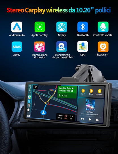 10,26 inch Carplay Display met 4K dashcam auto voor, 1080p achteruitrijcamera, draadloze Carplay Android Auto, Mirror Link, navigatie, Google, Siri, FM, AUX, Loop Recording, 64G SD-kaart