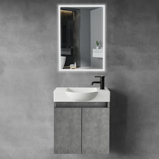 Alpenberger Bathroom Cabinet with Mirror, Bathroom Furniture Set, Sink with Base Cabinet and Bathroom Mirror with Lighting, Bathroom Cabinet with Basin, Basin Cabinet (Cement) - QUORE