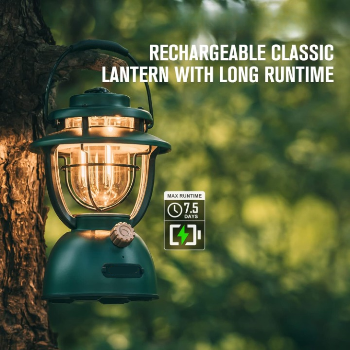 Campinglamp - Kampeerlamp - Retro Stijl LED-lantaarn - Dimbare - Draagbare - met Noodstroombank - USB-C & A Oplaadbaar - voor Buiten - Camping - Noodsituatie - IPX5 Waterdicht - 300Lm - 11200 mAh - Klaverbroen
