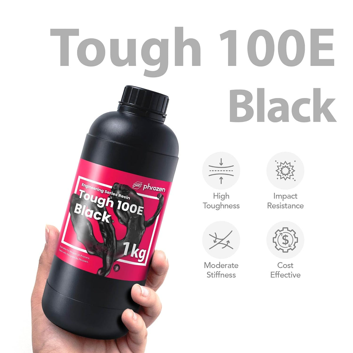 Phrozen Tough 100E 3D Printer Hars | fotopolymeerhars met hoge precisie & duurzaamheid | 405nm Engineering Resin voor LCD/MSLA/DLP Printer | UV-Uithardende hars - Zwart (1kg)