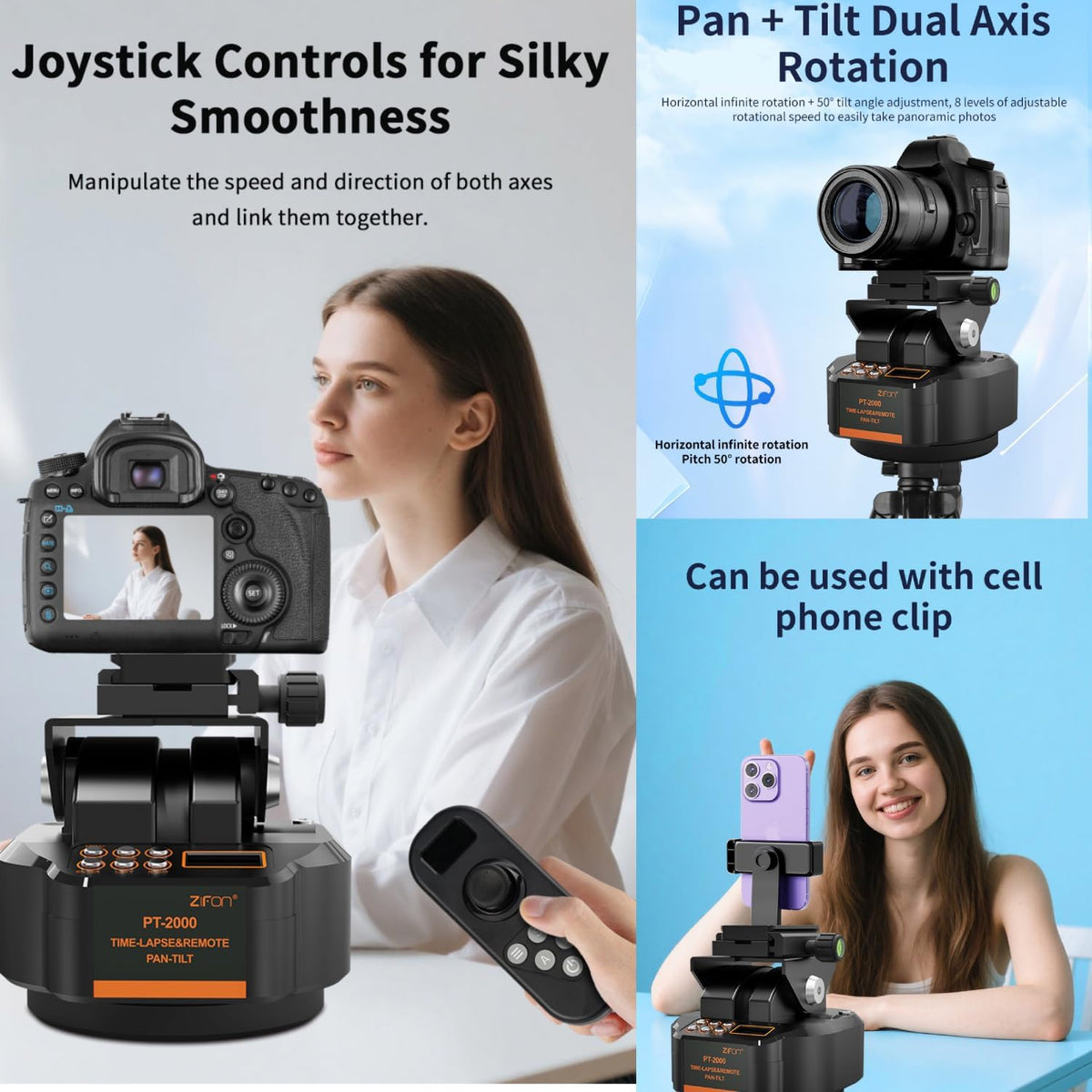Zifon PT2000 – gemotoriseerde 360° panoramakop met draadloze afstandsbediening (2,2 kg draagkracht) – elektronische zwenk-kantelstatiefkop voor DSLR, smartphone en video