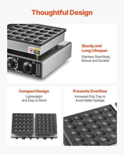 Mini Pannenkoekenmaker – Poffertjesmaker – Dorayaki Apparaat – Wafelijzer – Pancake Grill – 50 Mini Pannenkoekjes Tegelijk – 1800W Met Instelbare Temperatuur en Timer