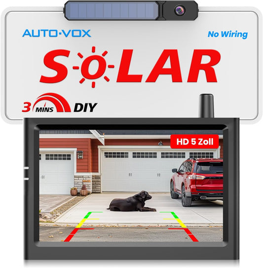 AUTO-VOX Draadloze Achteruitrijcamera: 5'' HD Monitor, Gemakkelijk, 3Min DIY Installatie, IP69K Waterdichte Achteruitrijcamera, Werkt op Batterij voor Auto/Vrachtwagen/Caravan/Van