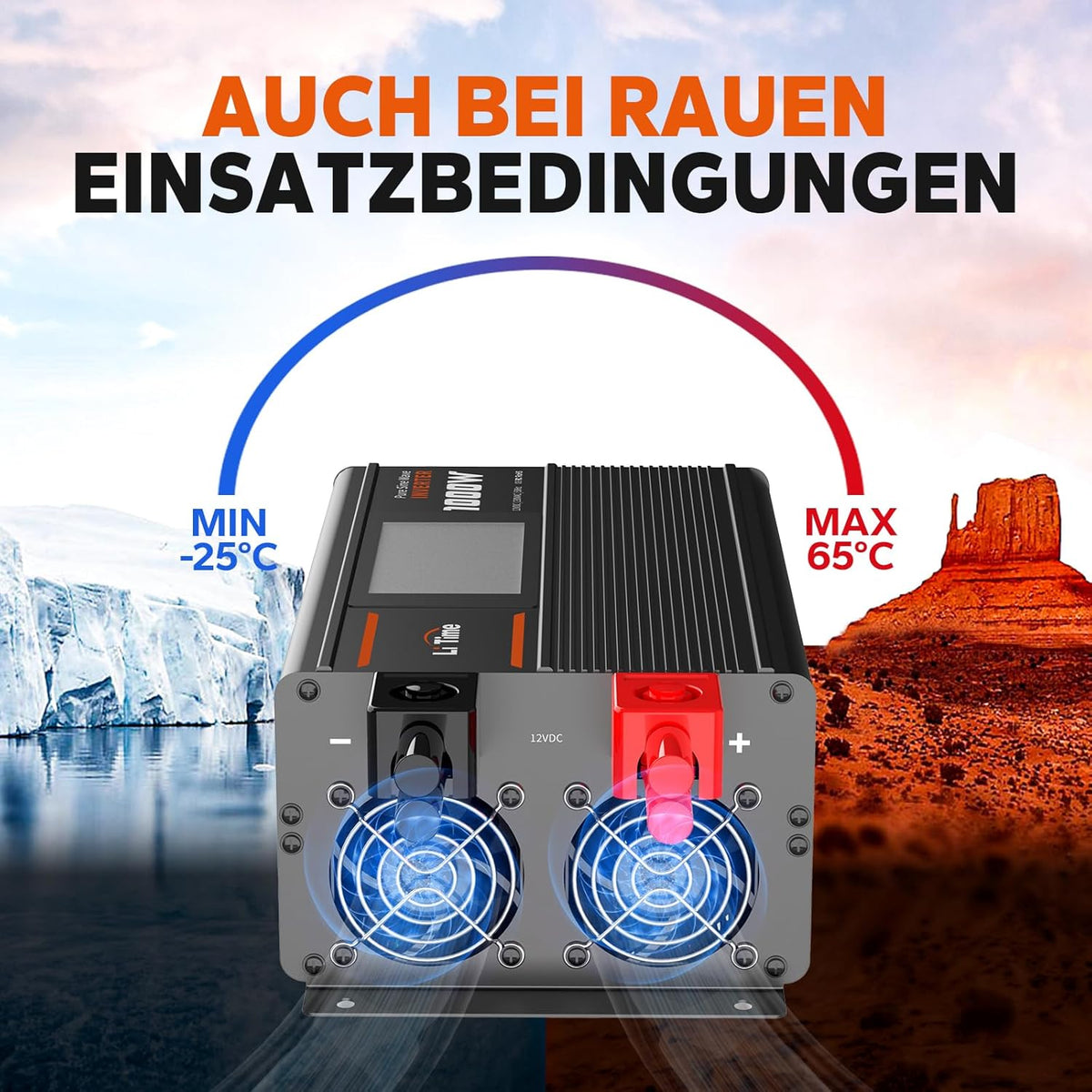 12V naar 230V Omvormer – Spanningsomvormer – Spanningsconverter – DC naar AC Omvormer – Zonnestroom Omvormer – 1000W Continu, 2000W Piekvermogen – Zuivere Sinusgolf met LCD Bewakingsscherm en 2 AC Uitgangen