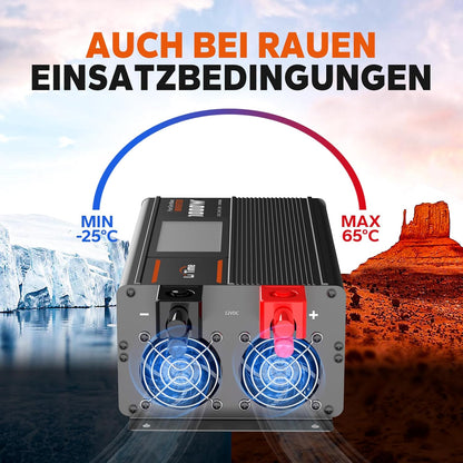 12V naar 230V Omvormer – Spanningsomvormer – Spanningsconverter – DC naar AC Omvormer – Zonnestroom Omvormer – 1000W Continu, 2000W Piekvermogen – Zuivere Sinusgolf met LCD Bewakingsscherm en 2 AC Uitgangen