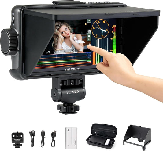 VILTROX 5.5 Inch 1200nits 4K 10bit HDMI Field Monitor, Touchscreen 3D LUT Draagbare Videokit Met Batterij, On-Camera RGB Parade Histogram Golfvorm Focus Assist (DC-550 Pro)