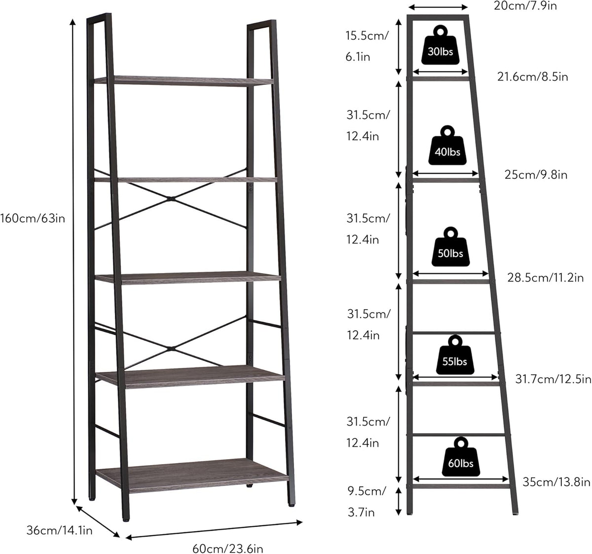 Yusong Boekenplank, ladderplank (grijs, 5 lagen)