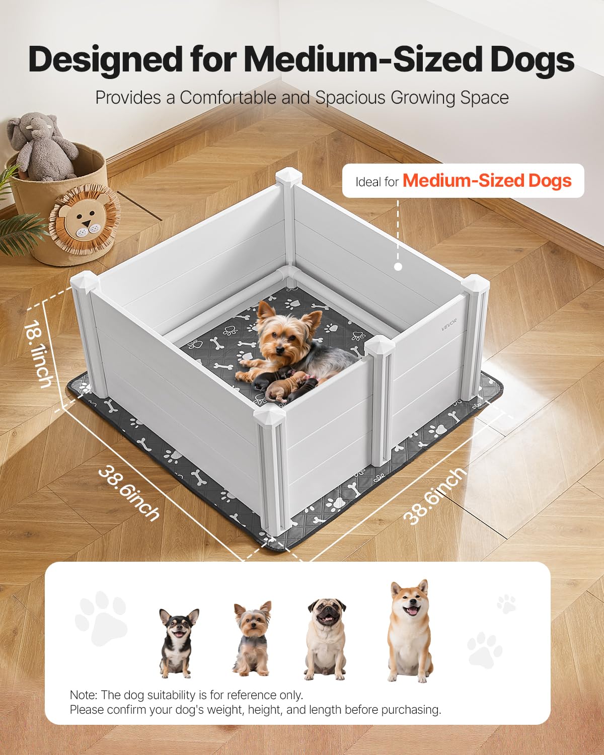 VEVOR Hondenspeelbox, 98 x 98 x 46 cm, plastic PVC puppybox met in hoogte verstelbare deur en wasbare plasmat, anti-vervorming indoor puppy speelbox voor middelgrote honden, melkwit