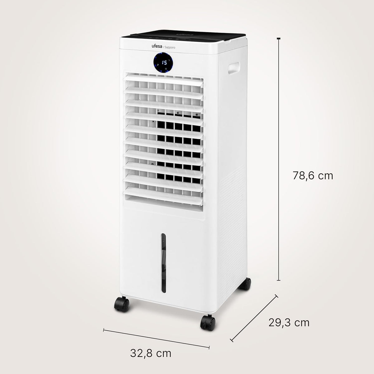 Ufesa Sapporo Verdampingskoeler, 100 W, koelfunctie en ventilator, 3 snelheden, 3 modi, touch-paneel, tank 12 l, timer 12 uur, wasbaar filter, 2 ijsblokken, afstandsbediening