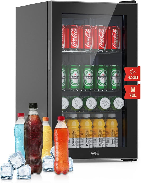 WIE Mini-koelkast, drankkoelkast, 70 liter, met dubbele glazen deur met verstelbare planken, voor binnen en buiten, kleine bierkoelkast, stil, 105 blikjes voor frisdrank, bier, wijn voor thuis, keuken