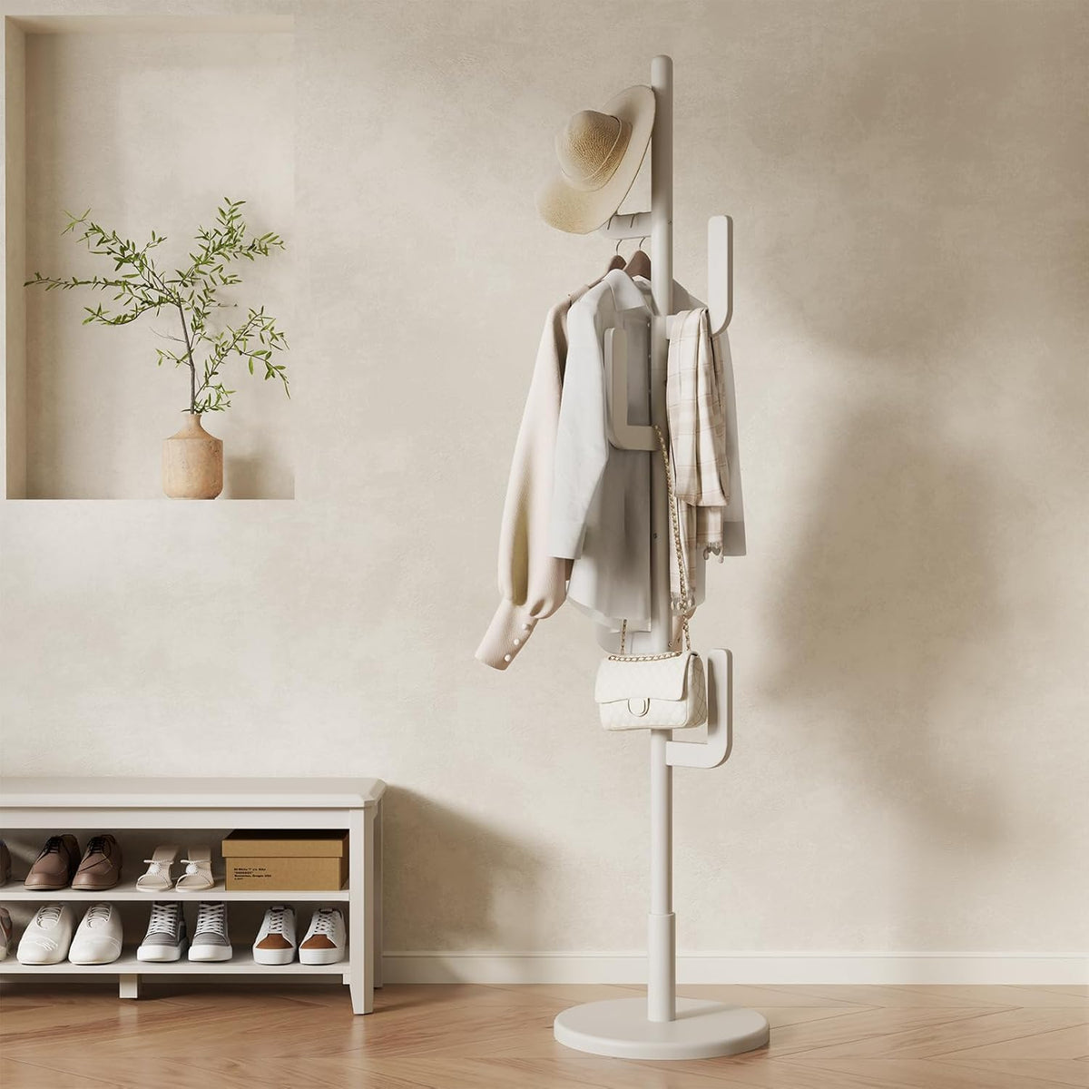 AQIMUELE Kapstok, kledingstandaard, massief hout, jasstandaard in cactusdesign met 6 haken, voor kleding en hoed, gemakkelijk te monteren, voor hal en slaapkamer (wit)