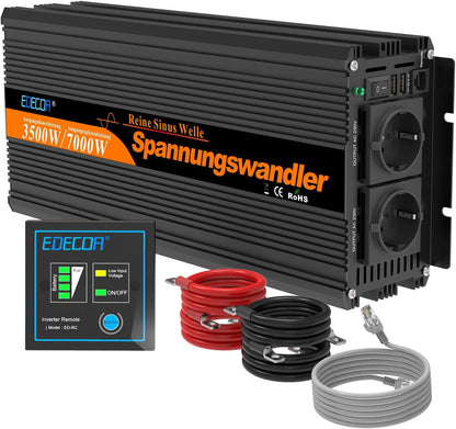 EDECOA Omvormer Zuivere Sinus 3500W Auto Omvormer 12v naar 230v Spanningsomvormer 12 V 230 V Inverter Pure Sine Wave met Afstandsbediening 2 EU Stopcontacten 2 USB Poorten