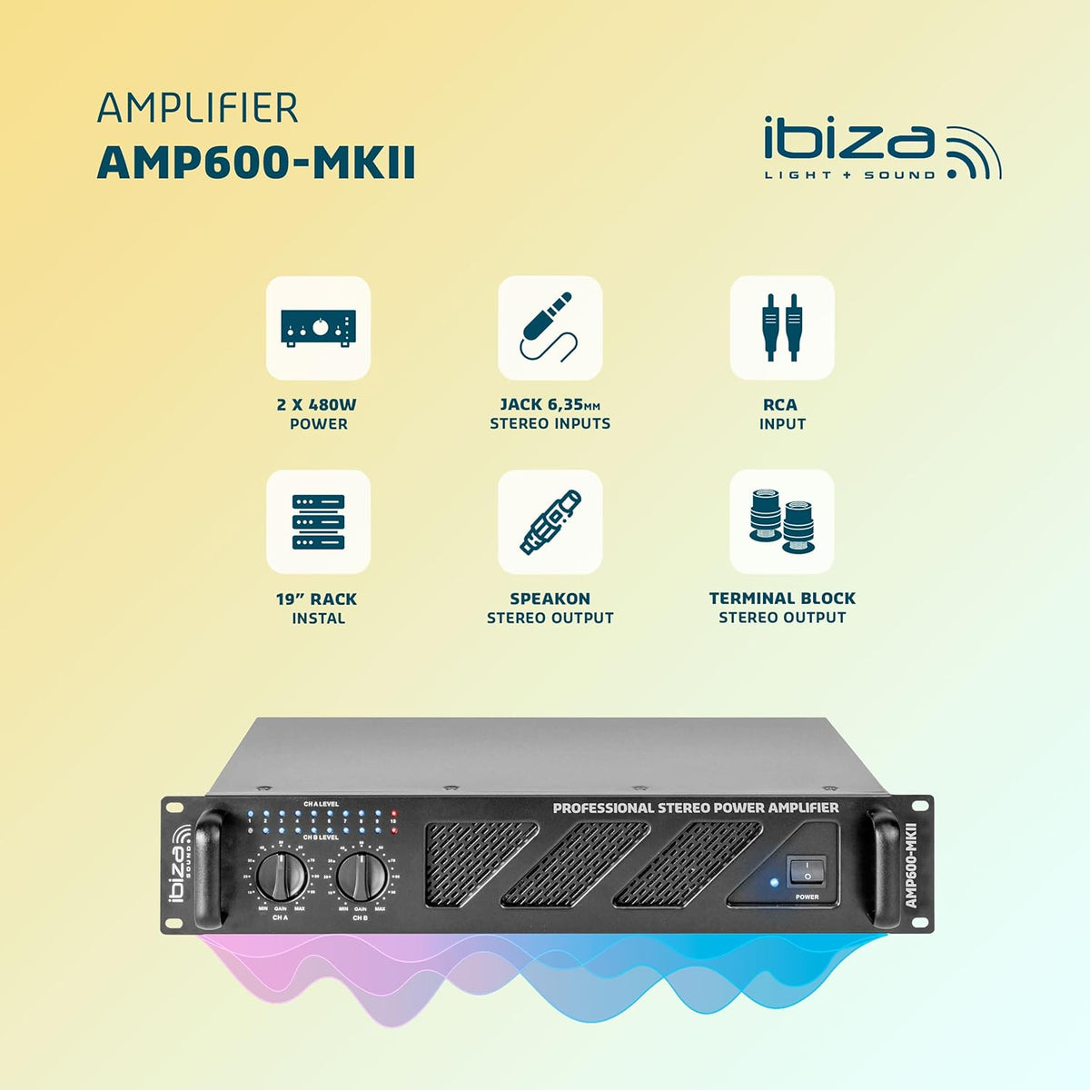 Ibiza - AMP600-MKII - Professionele PA-versterker 2x480W met RCA/Jack ingangen en Speakon/Born uitgangen - 19" Rekbaar - Zwart