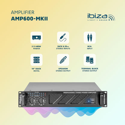 Ibiza - AMP600-MKII - Professionele PA-versterker 2x480W met RCA/Jack ingangen en Speakon/Born uitgangen - 19" Rekbaar - Zwart