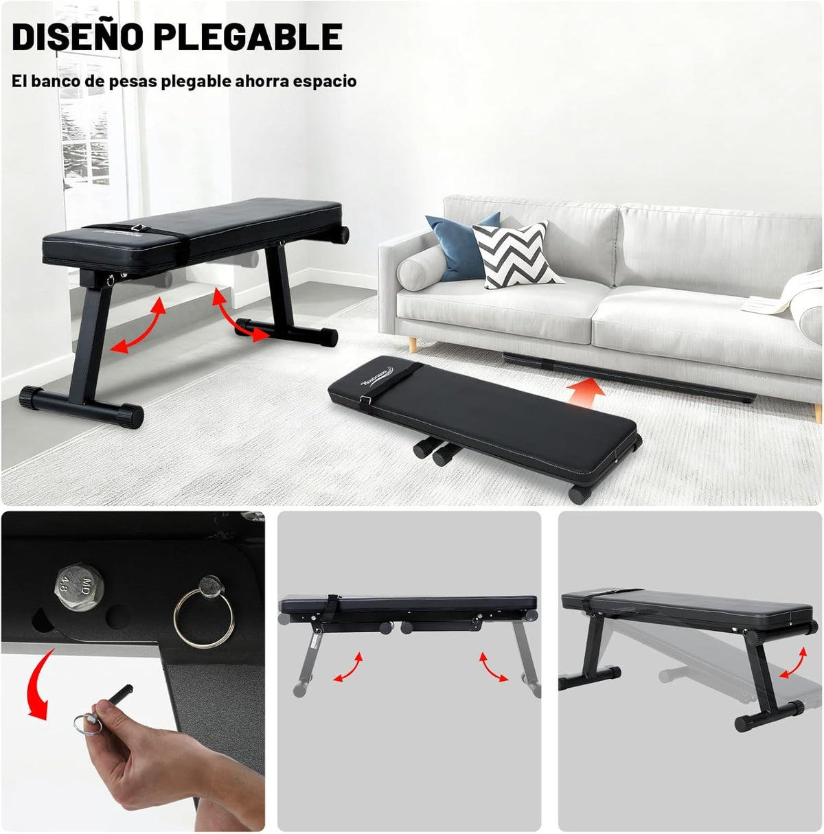 Inklapbare halterbank, platte halterbank, robuust en veilig frame, comfortabele gevoerde buikbank, maximale belasting 150 kg