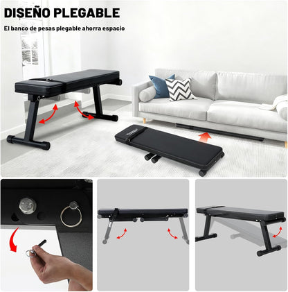 Inklapbare halterbank, platte halterbank, robuust en veilig frame, comfortabele gevoerde buikbank, maximale belasting 150 kg