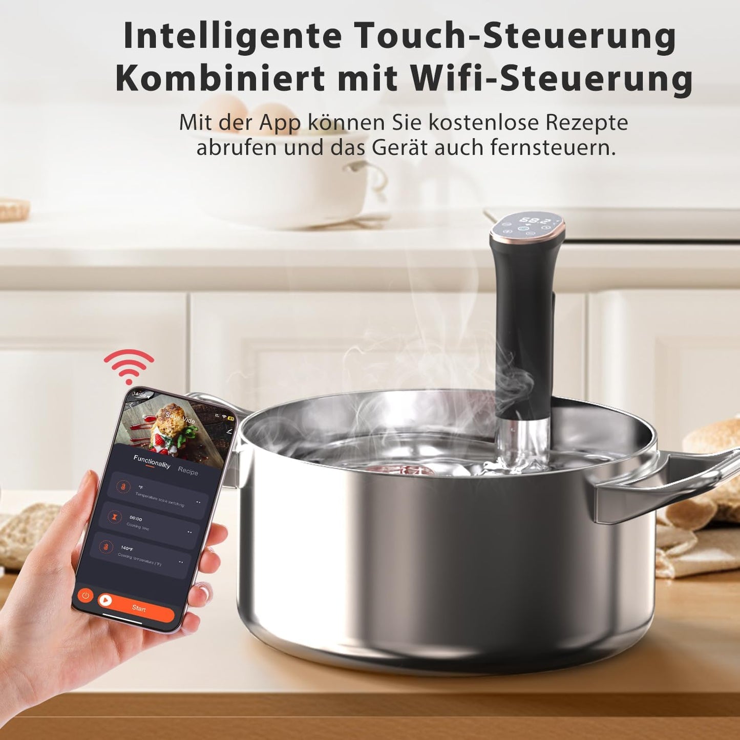 Sous Vide Garer Stick, 1400 W, sous-vide 35 cm met roestvrijstalen behuizing, wifi en touch-bediening met led, vacuümzak met pomp, kookboek