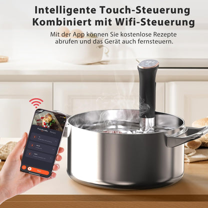 Sous Vide Garer Stick, 1400 W, sous-vide 35 cm met roestvrijstalen behuizing, wifi en touch-bediening met led, vacuümzak met pomp, kookboek