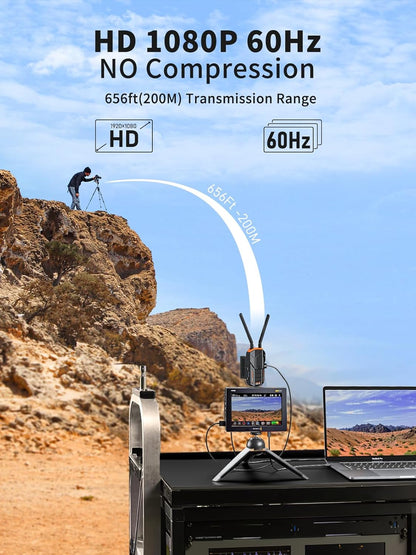 Lemorele 5G 1080P draadloze videotransmissiekit 200M, HDMI draadloze videozender en ontvanger met HDMI- en IR-lus voor DSLR, bioscoop en fotografie, 2 x 4400 mAh batterij inbegrepen