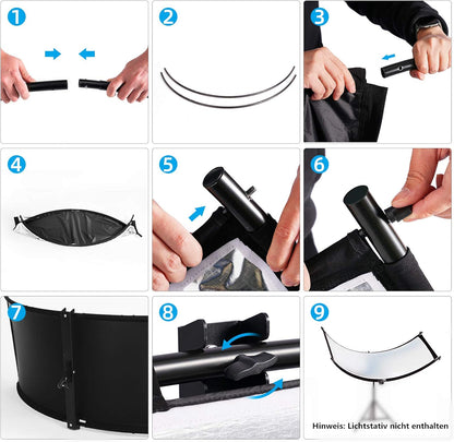 Selens 4-in-1 reflector, 60 x 180 cm, U-vorm, gebogen reflectoren, instelbare lichtdiffuser, met zwart/wit/goud/zilveren reflectors, draagtas voor fotografie, fotostudio, portret, catch light