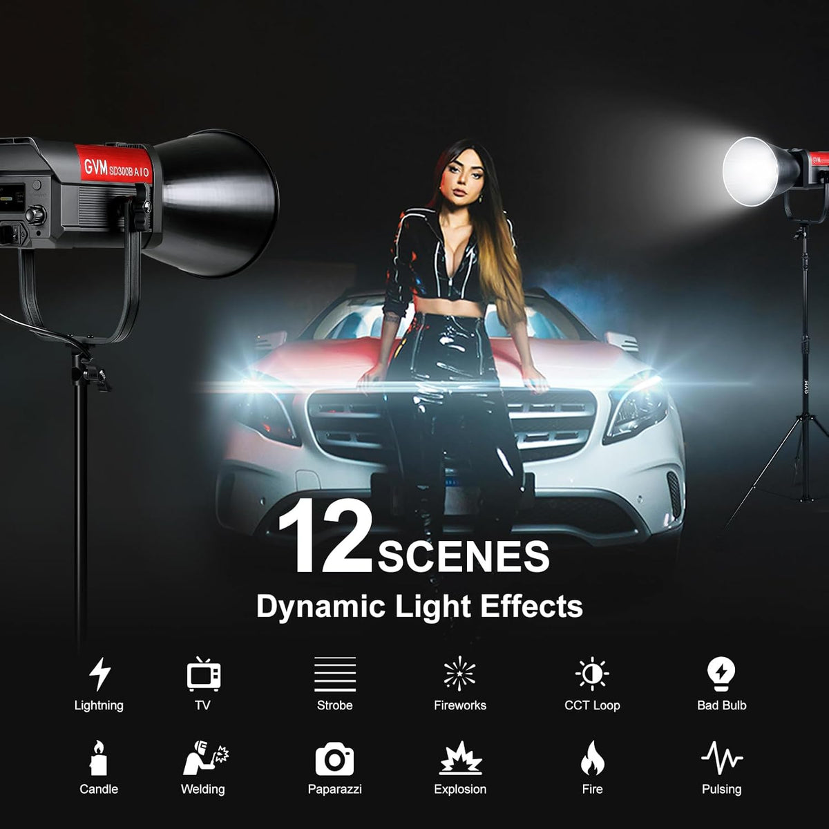 GVM 300W LED-videolamp, 221950lux/1m, ARO SD300B Fotografie Verlichting Kit met APP Control, 2700K-6800K Studio Light Continue Verlichting Kit voor YouTube, Film, 12 Scène-effecten