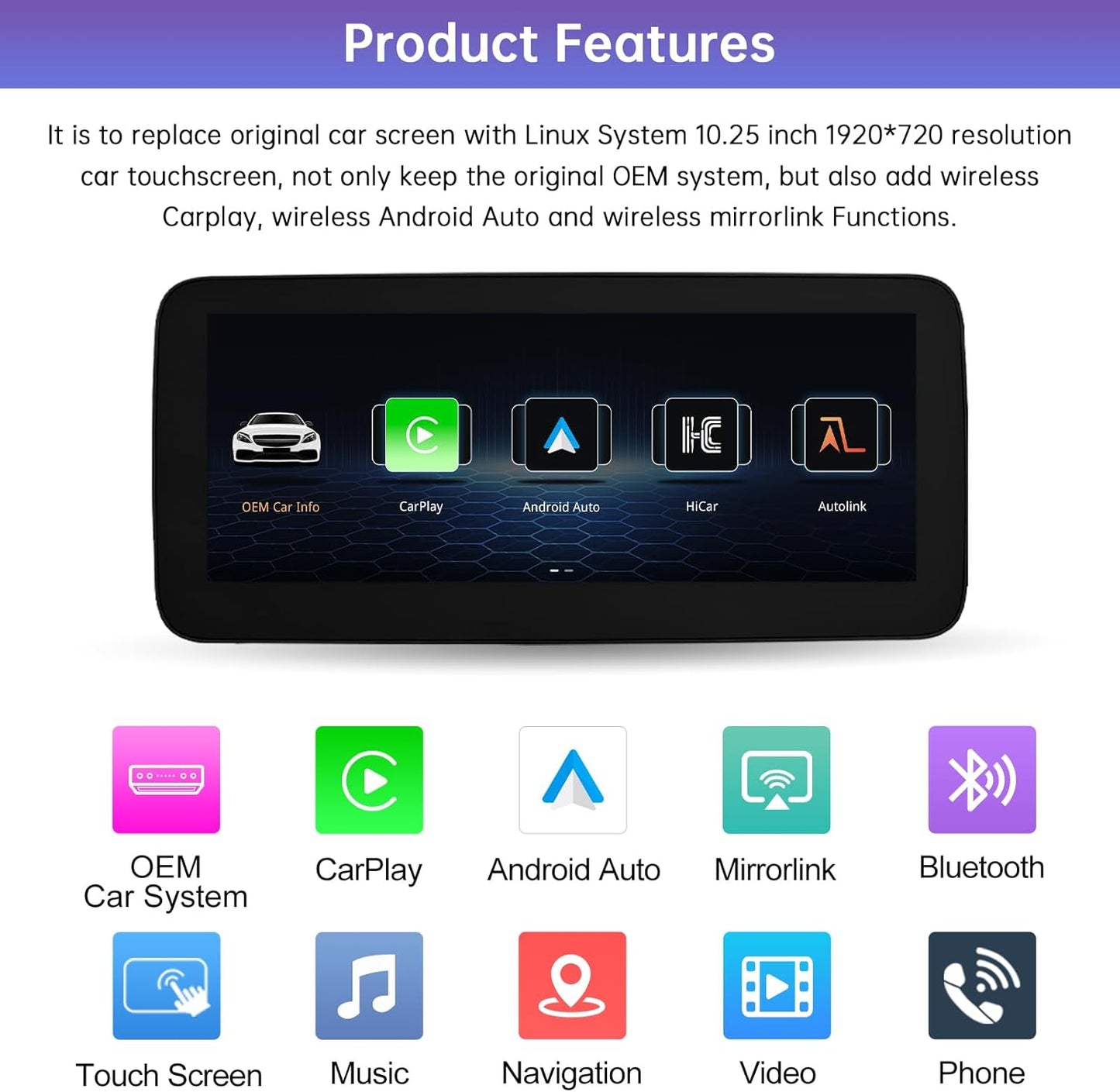 10,25 Inch Touchscreen Autoradio – CarPlay Scherm – Multimedia Display – Autonavigatie Scherm – Infotainmentsysteem – Draadloos CarPlay & Android Auto – HD Resolutie 1920x720