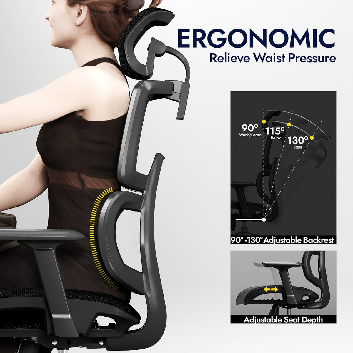 Ergonomic Office Chair, Fully Mesh Office Chair with Lumbar Support, Adjustable 3D Armrest, Headrest, Large and High Swivel Computer Chair (Effen - Black)