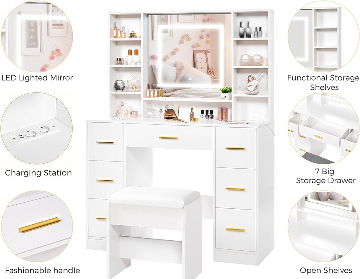 ANWBROAD Large Makeup Dressing Table with Adjustable LED Lighting in 3 Colors and Sockets Modern White Dressing Table with Mirror and Stool 7 Drawers 4 Open Shelves 140x100x40cm BDT65W - QUORE