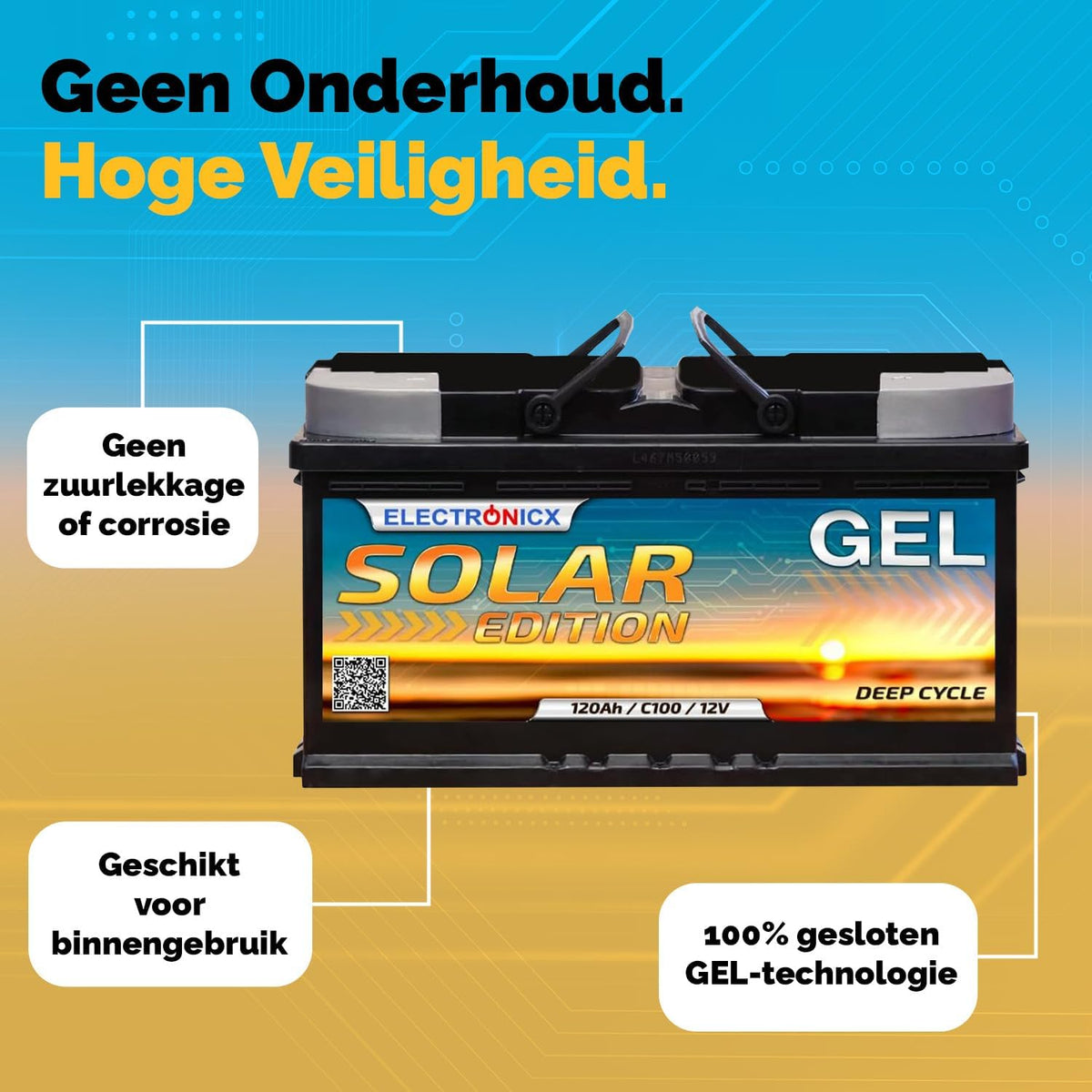 Electronicx GEL Zonnebatterij 120Ah 12V – Deep Cycle huishoudaccu, 120 Ah 12 Volt zonne-accu voor eilandinstallaties, camper, boot, fotovoltaïsch, cyclisch vast, afmetingen: 353×175×190 mm
