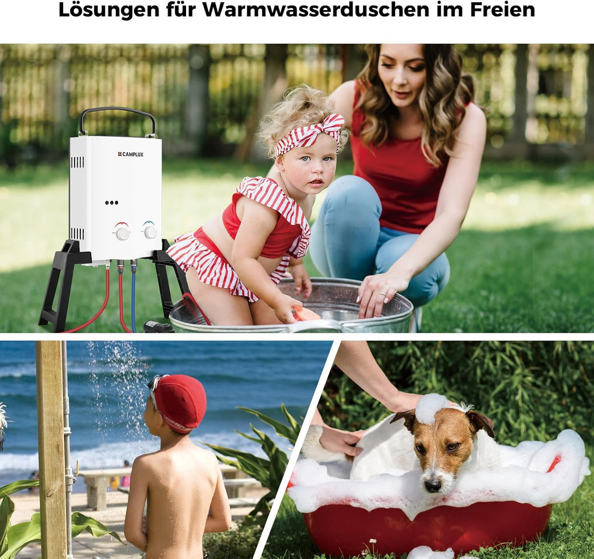 CAMPLUX AY132Max-DE Gasdoorstroomboiler, 5 liter, met steun en waterpomp, LPG, 50 mbar, voor campingdouche/camperuitstapjes, met draagtas