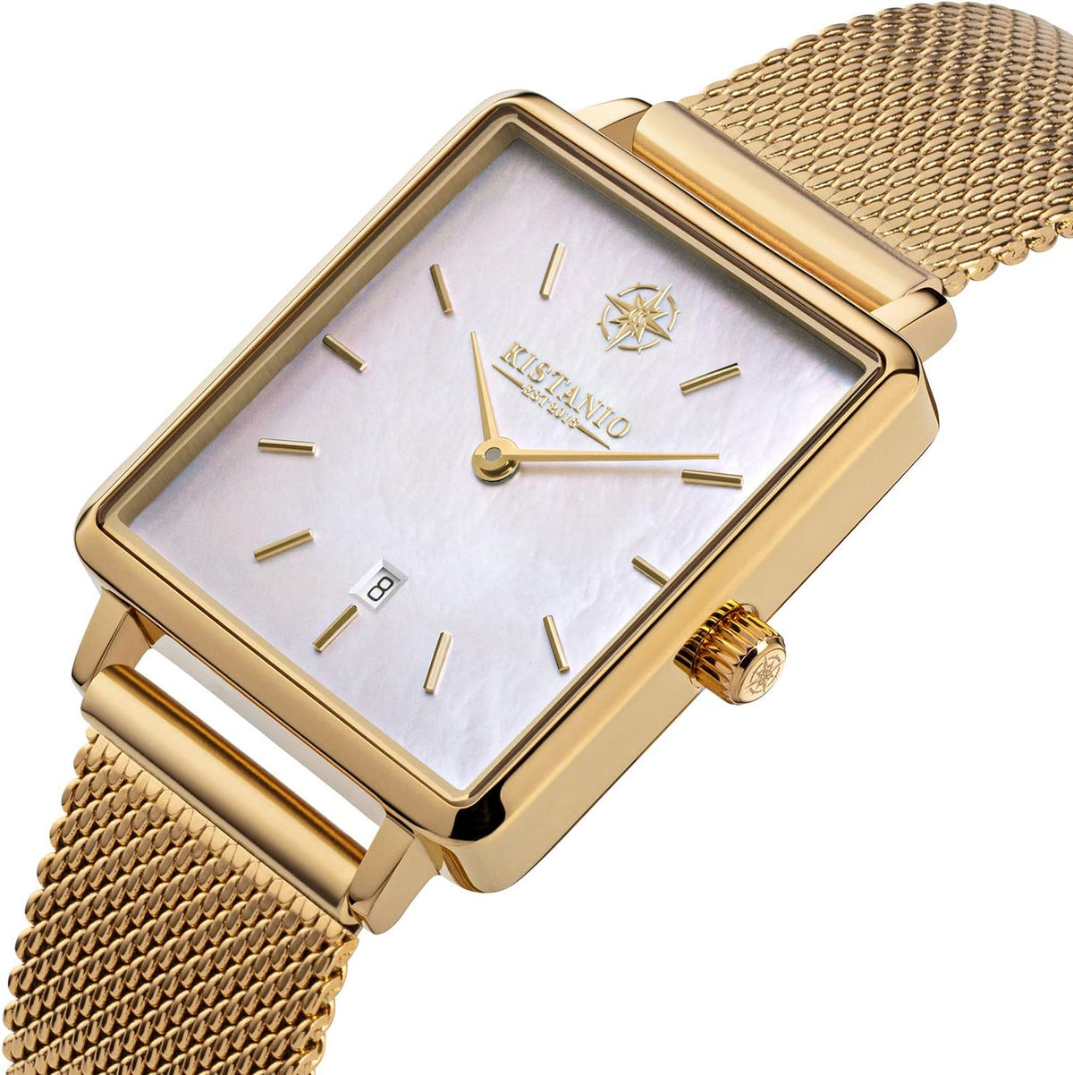 Carre plat dameshorloge met Milanese band, saffierglas, 26 x 28 mm diameter, roestvrij staal, datum in verschillende varianten, goud/parelmoer, armband