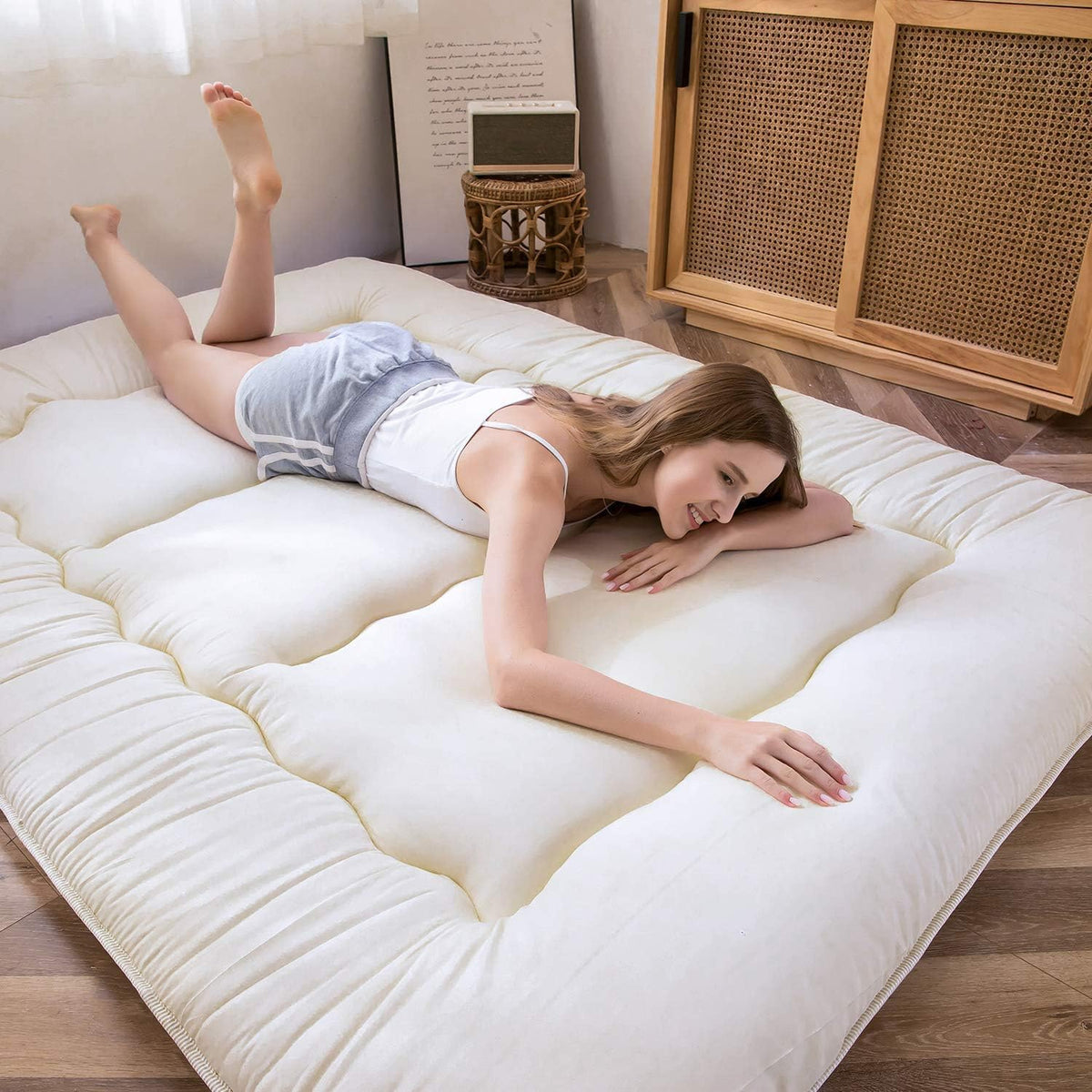 MAXYOYO Japanse vloer futon matras, verdikt tatami slaapmat opvouwbaar oprolbaar slaapzaal matpad vloer lounger kussen bed (gebroken wit, dubbel)