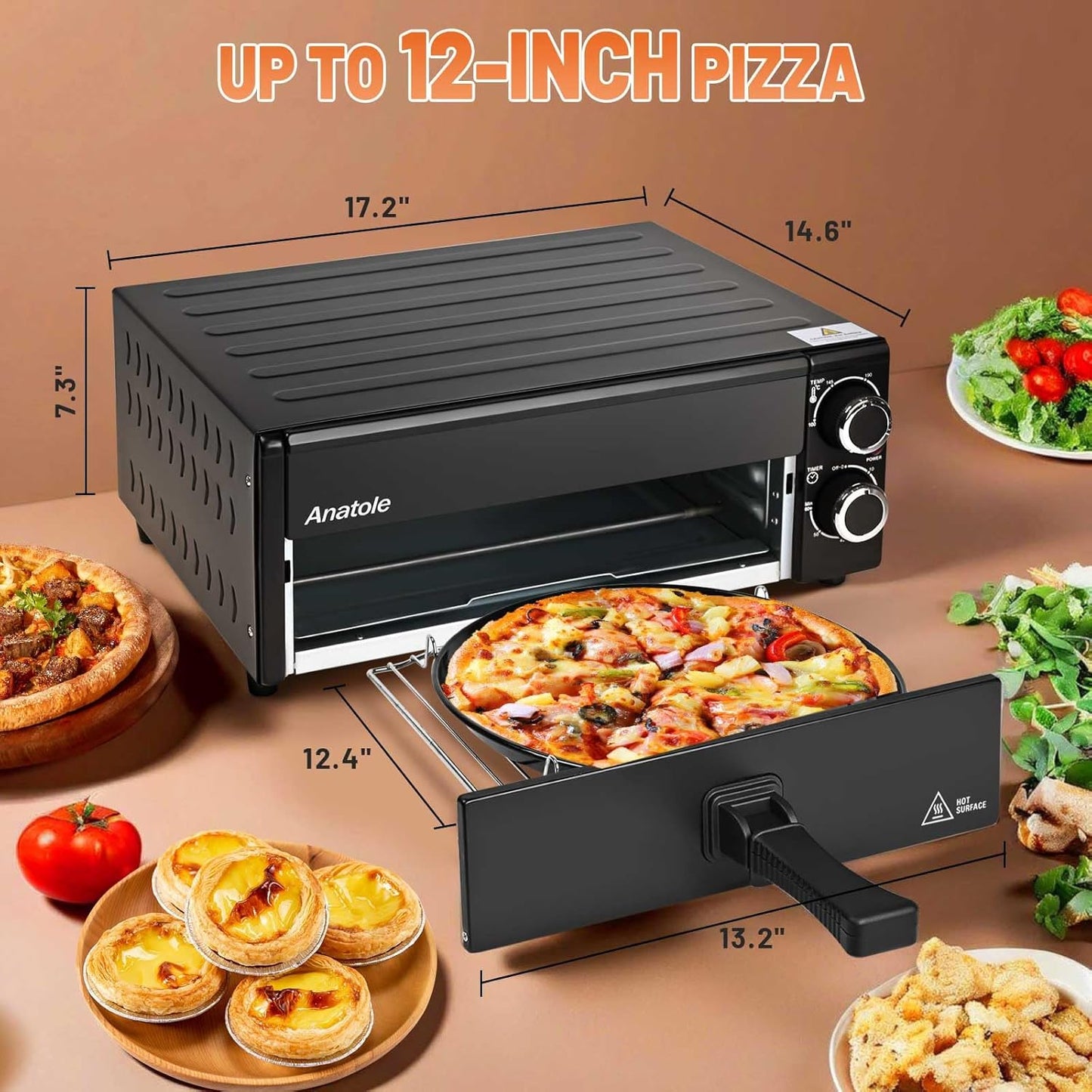 Anatole Elektrische pizzaoven, 30,5 cm (12 inch), 1800 W, interne pizzaoven met instelbare temperatuur, multifunctioneel, met rooster voor kruimels, uitneembaar
