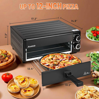 Anatole Elektrische pizzaoven, 30,5 cm (12 inch), 1800 W, interne pizzaoven met instelbare temperatuur, multifunctioneel, met rooster voor kruimels, uitneembaar
