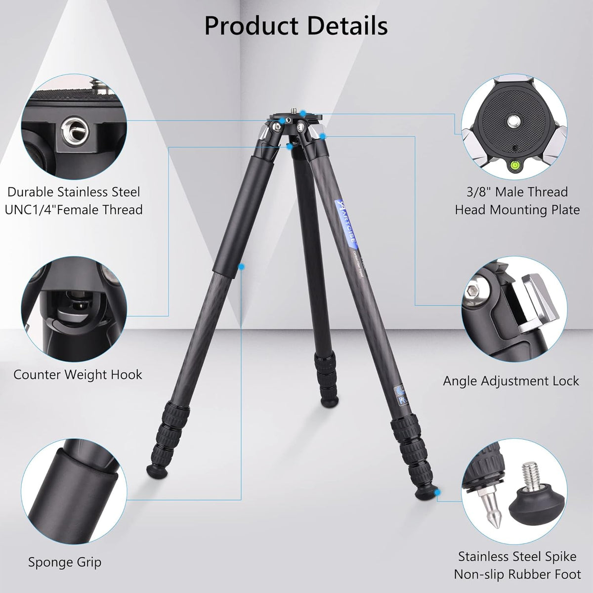 Compact koolstofvezel statief met stenen tas ARTCISE CT80C krachtige reiscamerastandaard voor Canon, Sony, Nikon, DSLR-camcorder, maximale belasting 25 kg
