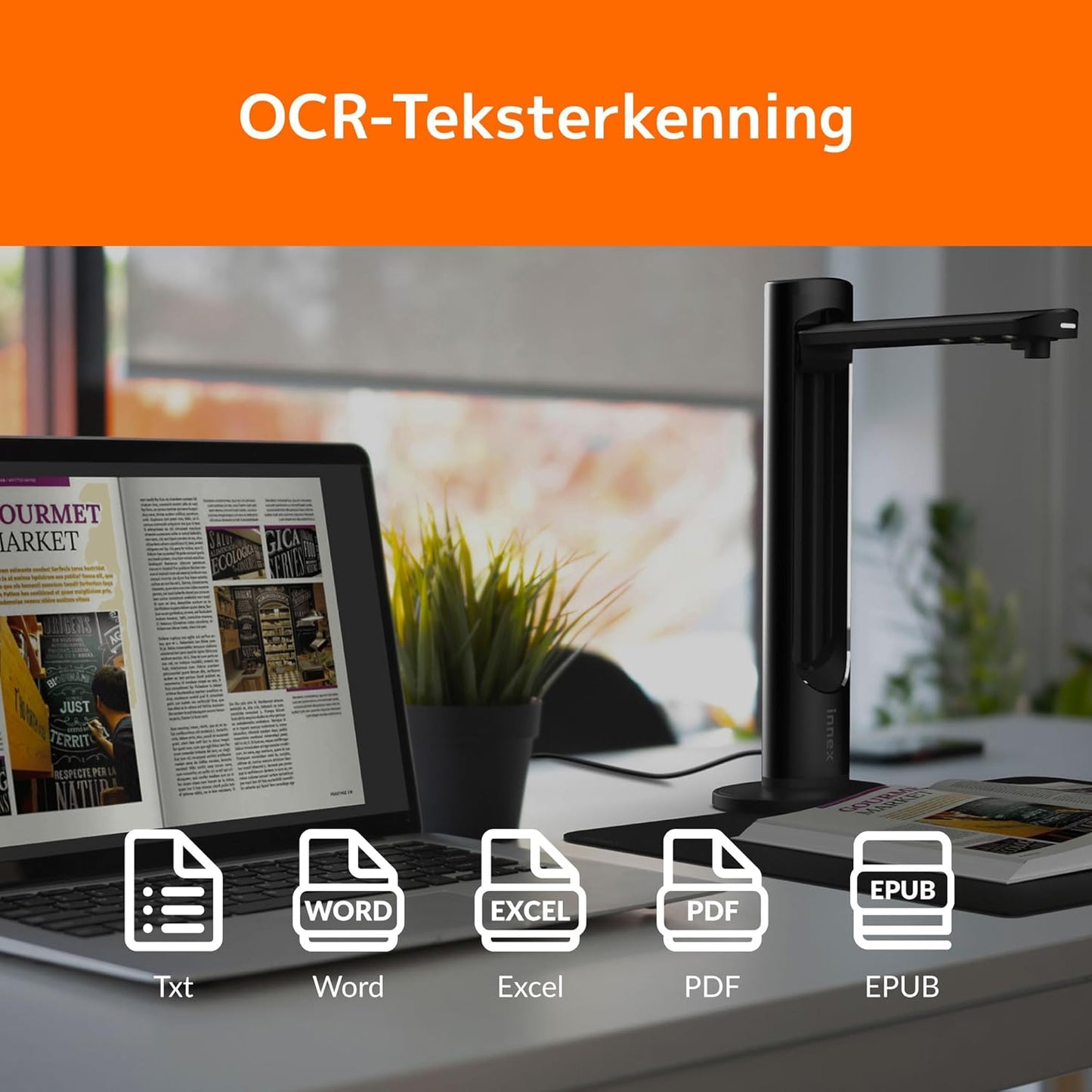 Innex DS200 USB-boekscanner, 26MP, A3-documentenscan, OCR 120+ talen, auto-vlak & uitlijnen, vingerverwijdering, microfoon & LED, handknop & voetpedaal, Win/MacOS
