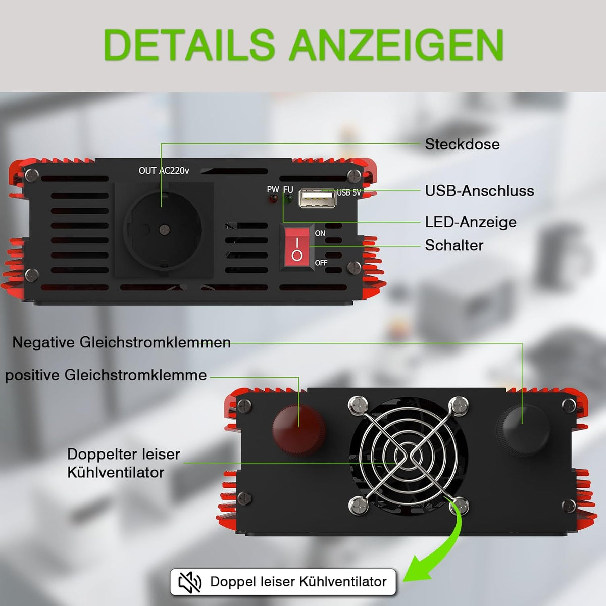 1000W inverter, 12V to 230V, with EU compatible sockets, USB ports and an LCD display, peak power 2000 watts for household appliances, campers, boa