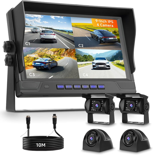 4 x achteruitrijcamera-kabel met 9 inch IPS-monitor, parkeerhulp, 18 led-achteruitrijcamera, auto, nachtzicht/IP68 waterdicht, voor SUV, vrachtwagen, camper, DC 12-24 V, loop-opname