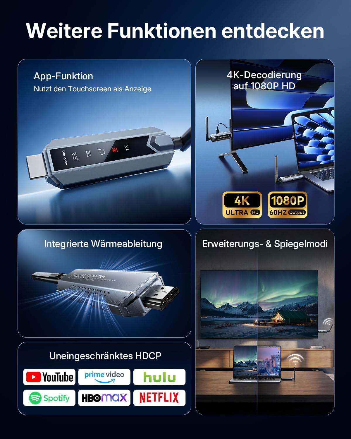VENTION Draadloze HDMI-zender en ontvanger 656FT/200M voor laptop/pc, 2,4G + 5G plug & play draadloze HDMI Extender Kit 4K voor PS5 & Xbox ontvanger voor video/audio naar monitor of tv (1TX+4RX)