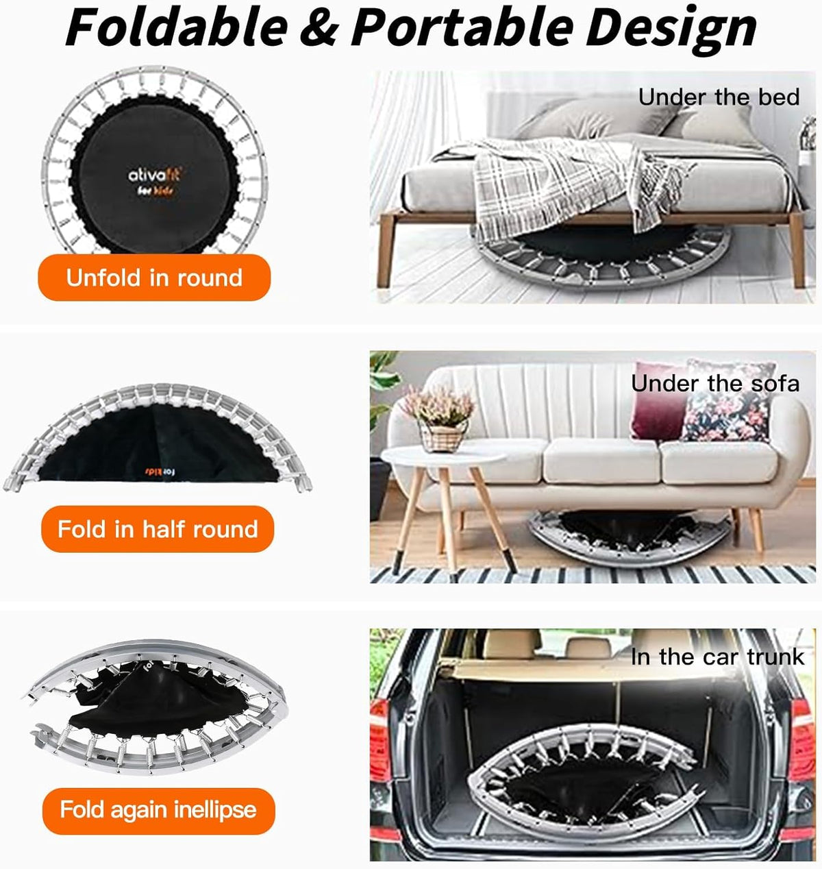 ATIVAFIT 102 cm opvouwbare trampoline met verstelbare schuimrubberen handgreep voor binnengebruik door volwassenen Ideaal voor fysieke fitnesstraining binnenshuis Thuis sporten