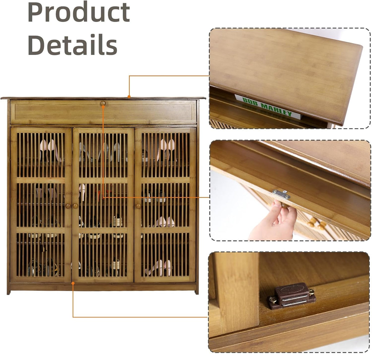 unho Bamboe schoenopbergkast: houten schoenenrek organizer met 3 holle deur en lade voor hal entree 4 niveaus