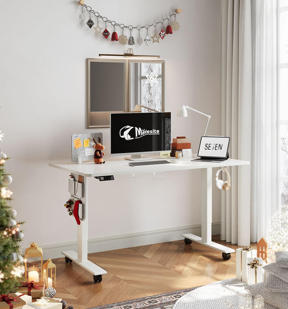 MAIDeSITe Height Adjustable Desk (120 x 60cm) Easy to Assemble Desk Height Adjustable Electric with 4 Memory Buttons and Memoboard and 360° Wheels Desk SN1 - QUORE