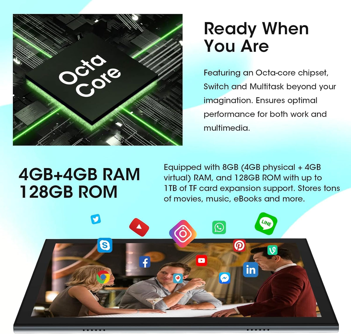 CWOWDEFU Tablet met SIM-kaartsleuf, 10 inch tablet, 4G LTE en telefoon (oproepen), Android 14,8 GB RAM, 128 GB ROM (TF tot 1 TB), GSM ontgrendeld, phablet, 6000 mAh, GPS, Octa-Core (grijs)
