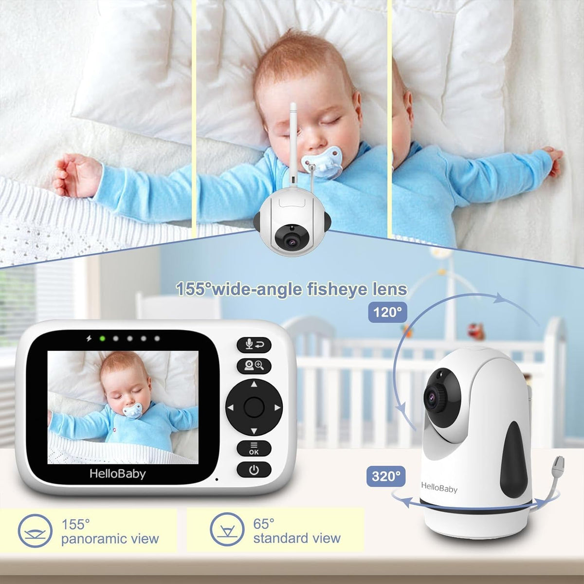 HelloBaby Babymonitor met 2 camera's, 8,1 cm (3,2 inch) IPS-display, geen wifi, op afstand bestuurde panorama-zoom, infrarood nachtzicht, 1000 meter draadloze verbinding