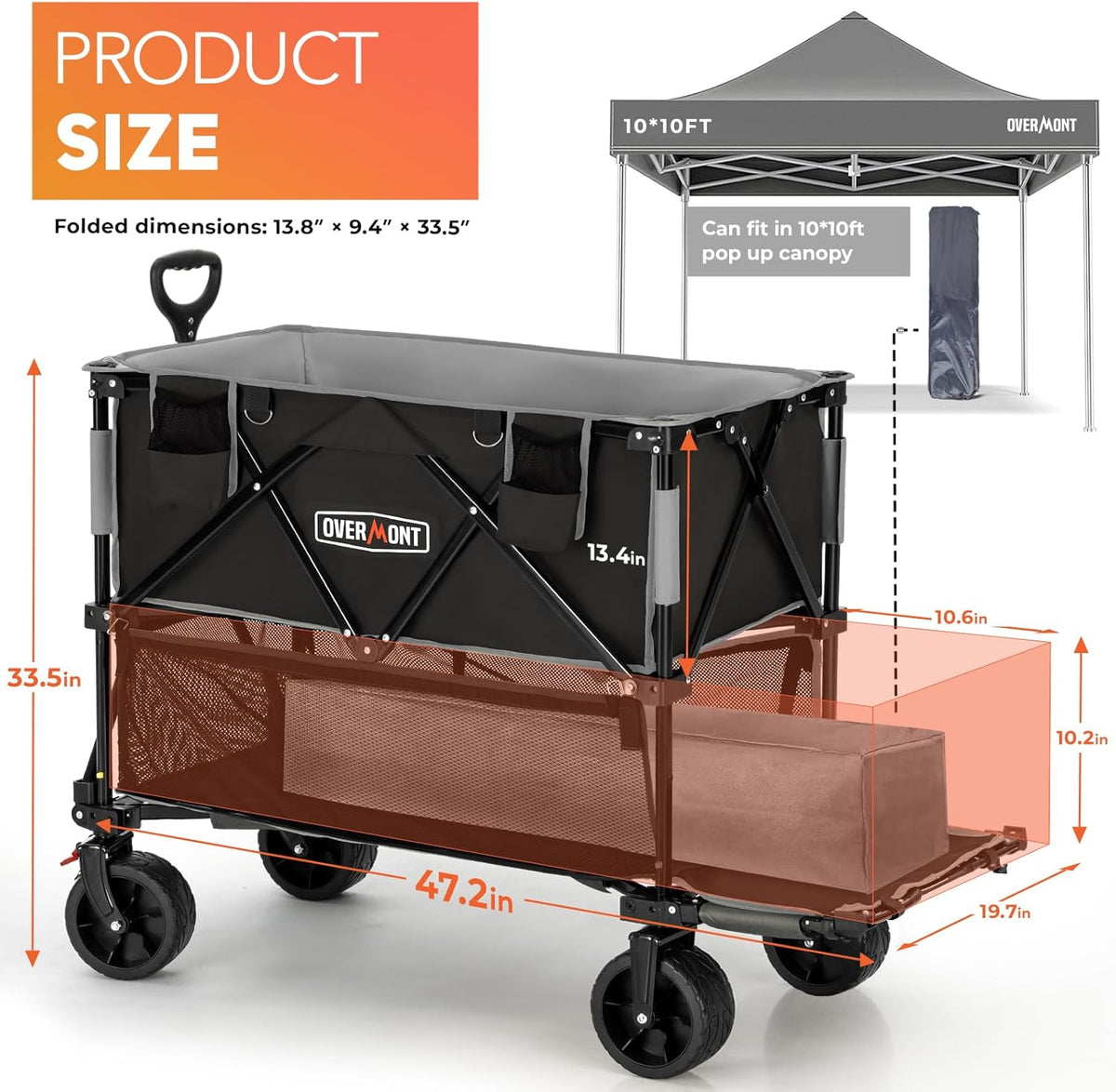 Overmont 400 l opvouwbare wagen met twee verdiepingen – opvouwbare wagen met grote capaciteit – verlenging van 132 cm, grote offroad-wielen voor kamperen, voetbalwedstrijden, sportevenementen