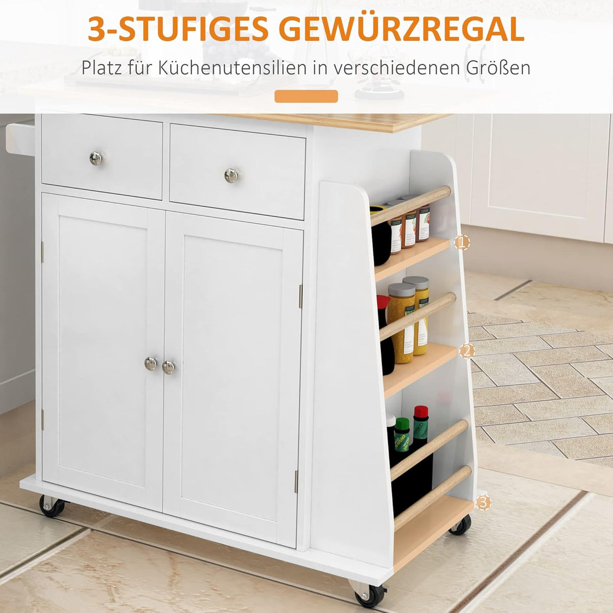 HOMCOM Kitchen trolley with wheels, serving trolley with spice rack, kitchen aid, P2 MDF, rubber tree wood, white + natural, 89 x 45 x 89.5 cm - QUORE